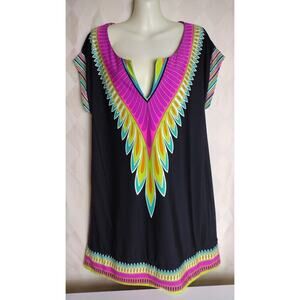 Trina Turk Cap Sleeve‎ Boxy Shift Dress, Black Multi, Sz M